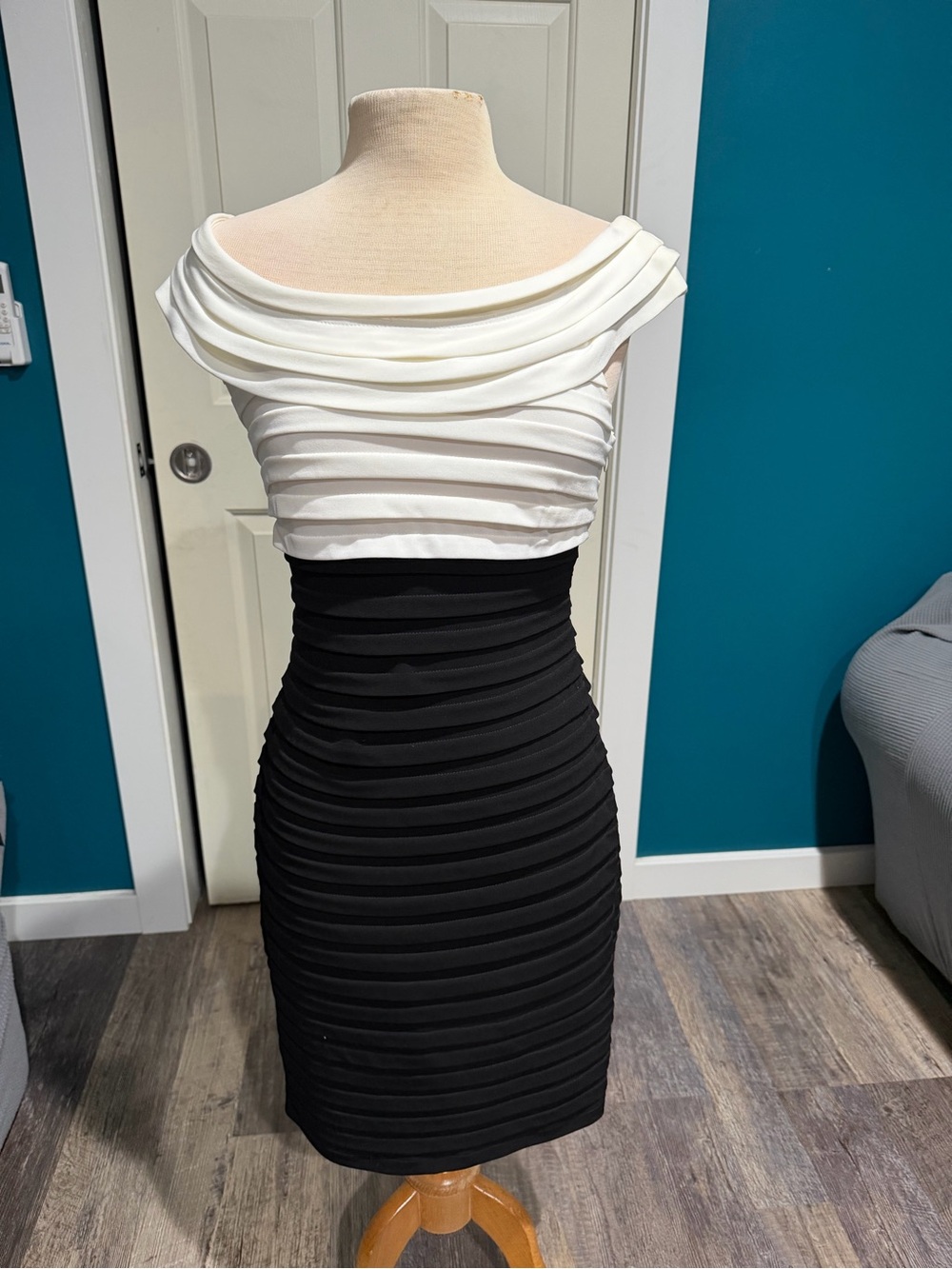London Times Two-Tone Off-Shoulder Midi Dress in White and Black